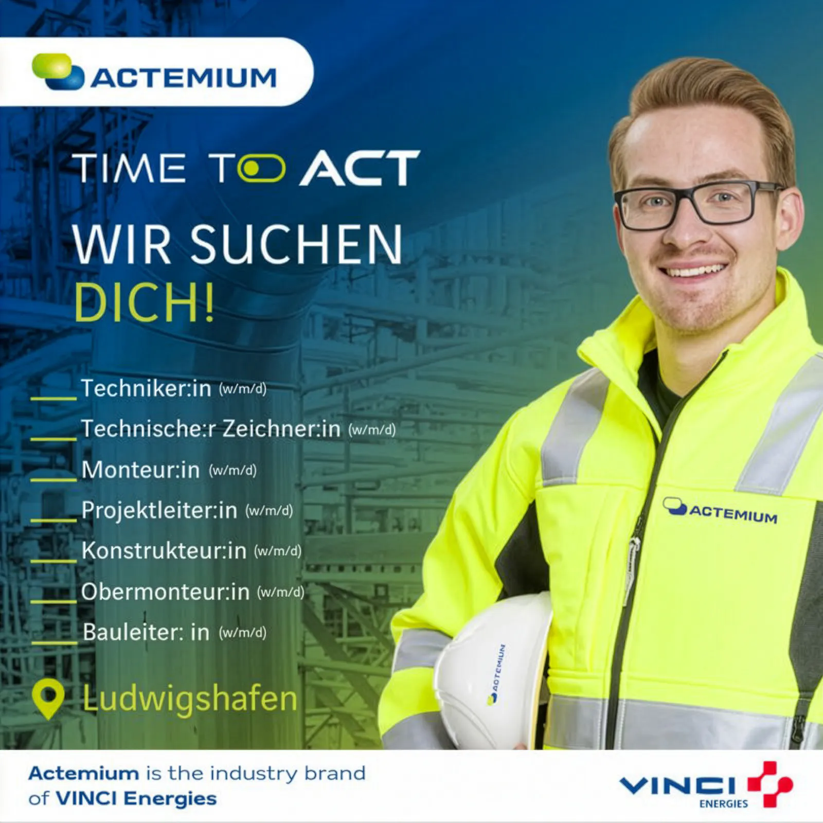 Das Foto aus einem Business-shooting für eine Recruiting Kampagne zeigt einen jungen ARbeiter in Sicherheitskleidung